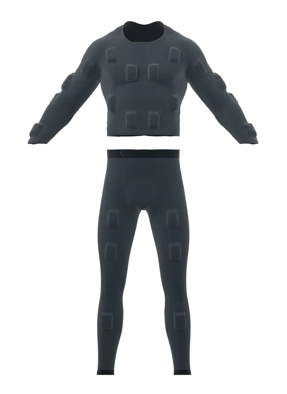 Concept of a dark long-sleeve shirt and pants with sensor housings positioned across the fabric.